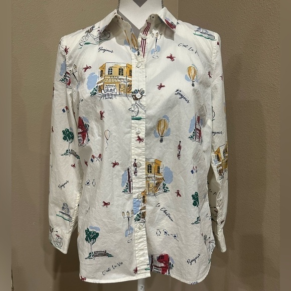 Talbots Classic Cotton Shirt Size MP Novelty Scenic France Button Down - Picture 2 of 8